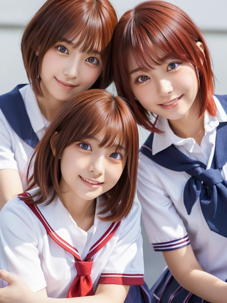 (2 beautiful japanese girls in bright lighting, facelight, photorealistic, adult, cute, sexy, slim, very beautiful detailed eyes, half-lidded eyes, extremely detailed face, (very short fluffy hair:1.0), (red hair color:1.2), clear eyes, (ecstasy, orgasm, erotic:1.0), close-up of face, smiling, (school uniform:1.5))