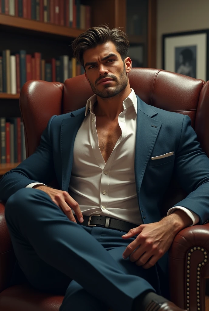A man with a sly look on his face, has his suit open revealing his super ripped chest and abs sitting in a chair in the office
