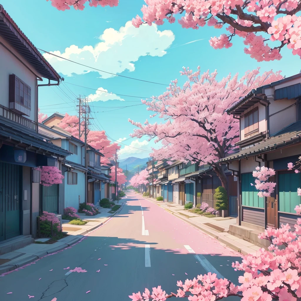 photo of street with pink flowers and blue sky, anime background art, anime background, anime aesthetics, japanese art style, beautiful Anime landscapes, anime beautiful world scene, Anime landscapes, beautiful anime scene, Japanese street, anime art wallpaper 4k, Anime Art Wallpaper 4k, anime art wallpaper 8k, Anime wallpaper 4k, anime wallpaper 4k