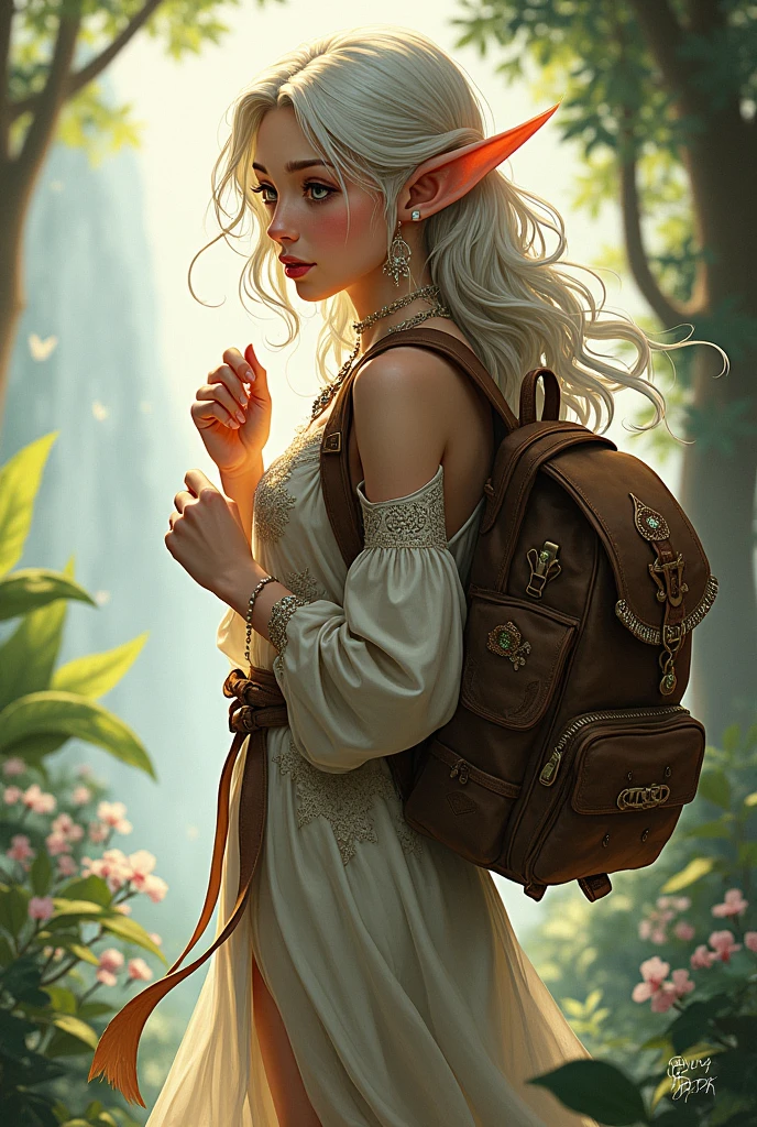 An elf with long hair and finished clothes looking for something in a backpack, 2D drawing