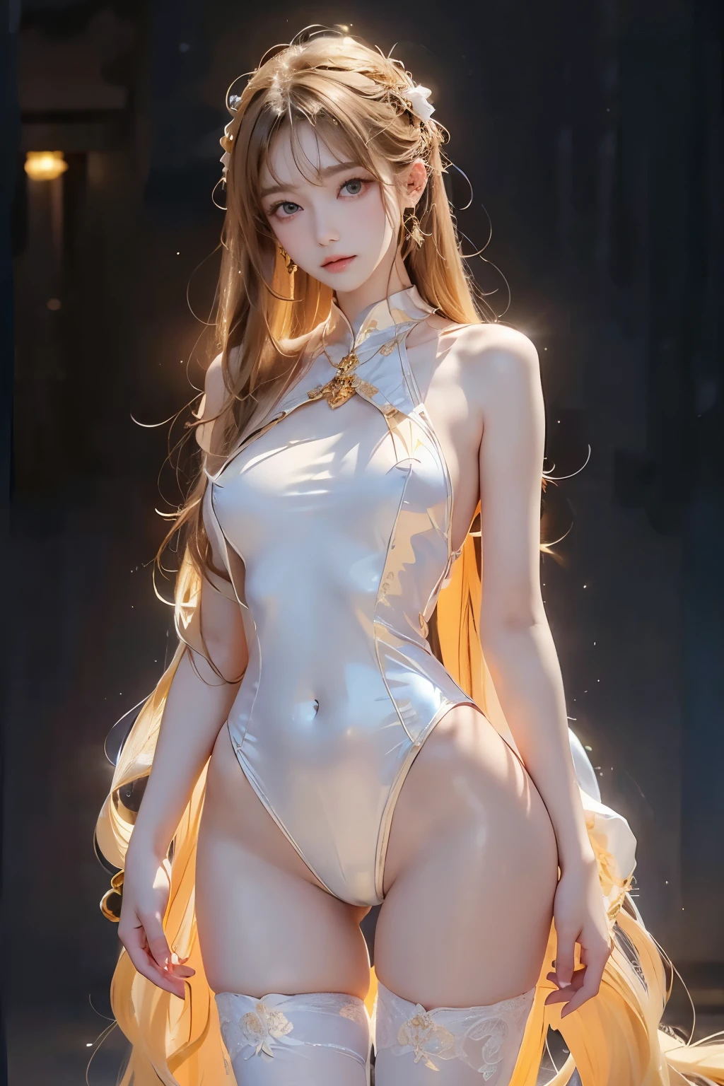 Highest image quality, RAW photo, high resolution, golden straight hair, shiny hair, no makeup, transparent white high-leg body suit, Rembrandt's world view, slender, cute, idol, big eyes, (1 woman and 1 man, standing figure: 1.3) , a man hugs a woman from behind