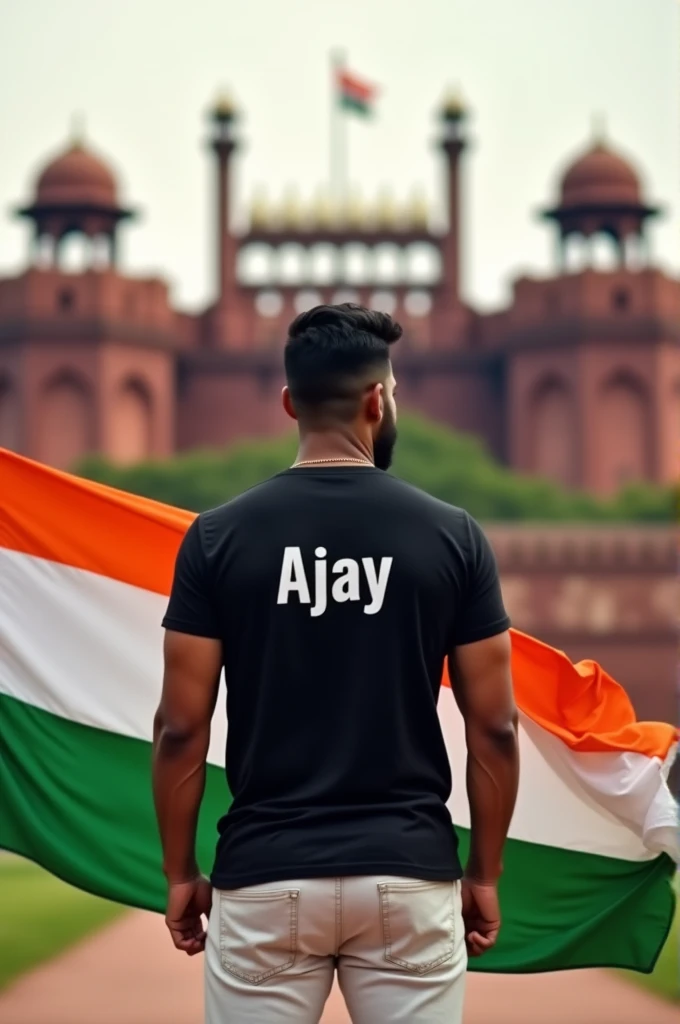 A man slute of indian flag front of delhi red fort black tshirt white pant tshirt back side name Ajay