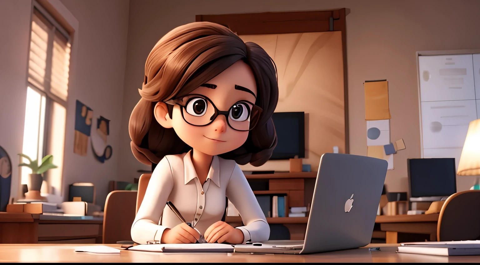 1 girl, glasses, sitting at the laptop