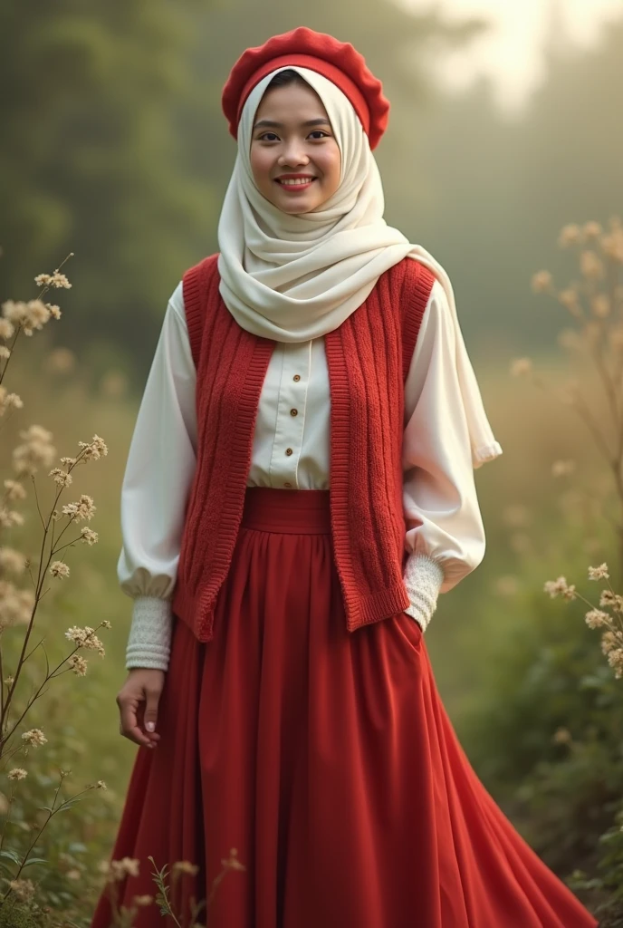 Hijab woman wearing a white hijab, white shirt, red knitted vest and long red skirt that flares out and wearing a red beret hat while smiling
