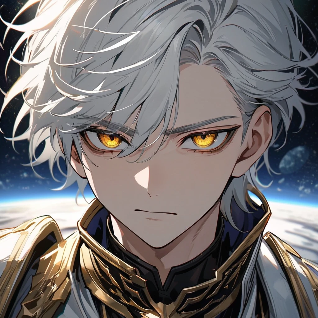 High quality, HD, 4k, no shadows, handsome male, handsome, 1male, 18 years old, 18yo, short white hair, white hair, white hair, white hair, sharp eyes, deep golden colored eyes, dark gold colored eyes, deep gold eyes, gold eyes, devil may cry, close up, calm expression, stoic expression, black leather clothes, white leather clothing, lean body, well trained body, upper body, looking at viewer, cowboy shot, white solar, space background