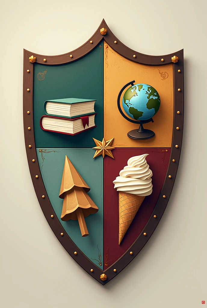 I need a shield that is my personal brand. The shield should include some element that is used in a school, such as notebooks or books. It should also contain some element related to the school subject of geography. besides, It should include the family and an ice cream cone. All elements must be within the shield