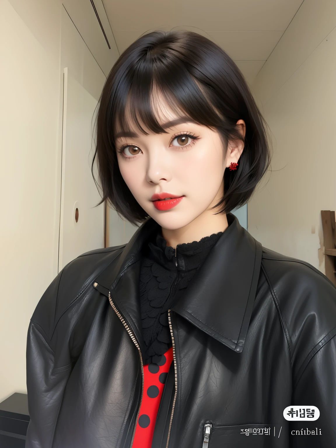 wearing a black leather jacket and a red polka dot shirt, Best Face, with short hair, com cabelo curto With bangs, Ela tem cabelo preto With bangs, A woman with a black bob haircut, hime cut, cabelo arrumado With bangs, korean girl, Brutal Korean Goth Girl, 🤤 portrait , White hime cut hairstyle, With bangs
