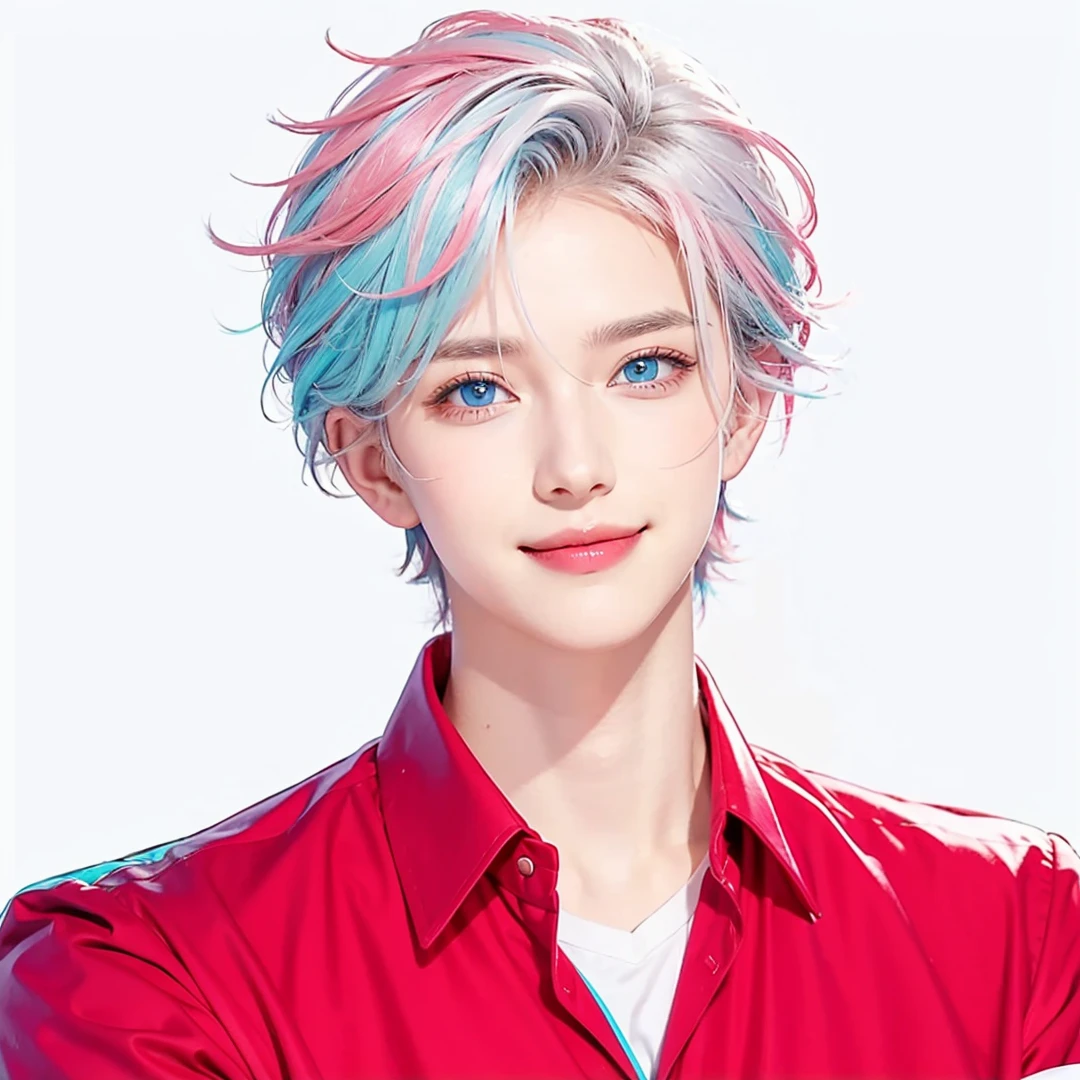 Handsome boy, blue eyes, white hair highlighted with pink and turquoise, smiling, wearing red dress shirt, white background
