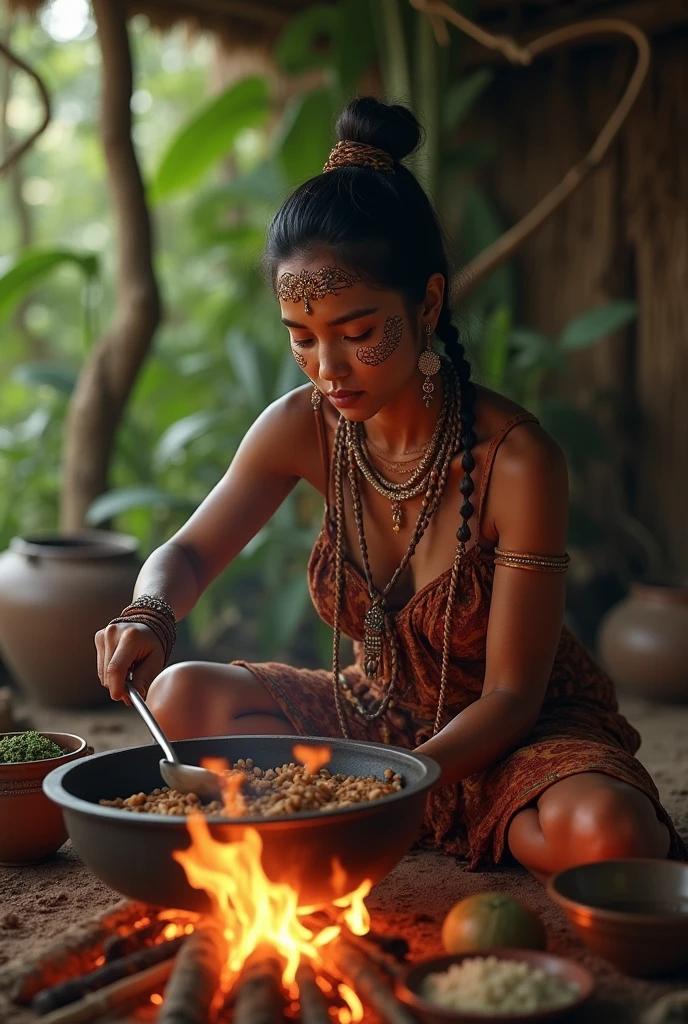 Colombian indigenous woman delicately cooking