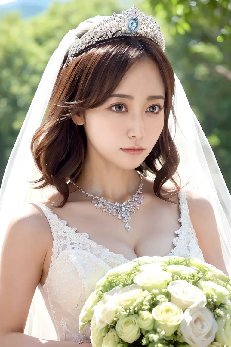 (Highest quality、Tabletop、8k、Best image quality、Award-winning works)、Beautiful Bride、(alone:1.1)、(The most extravagant and gorgeous huge pure white wedding dress:1.2)、(Perfect Wedding Lace:1.2)、(The most gorgeous and luxurious giant tiara:1.3)、(The most extravagant and luxurious giant necklace:1.3)、(A gorgeous bouquet:1.3)、The finest jewellery decoration、Perfect Makeup、Long eyelashes、Ultra HD Shining Eyes、Ultra HD Hair、Ultra High Resolution Glossy Lips、Beautiful face in ultra-high definition、(Accurate anatomy:1.1)、Very bright and beautiful skin、very bright and vivid、(Perfect Bridal Hairstyles:1.3)、(Front facing body:1.1)、(The most refreshing and beautiful forest background:1.1)、(Cleavage:1.1)、(Perfect beautiful bridal photos:1.1)、(Face close-up:1.1)、(Staring at me with no expression:1.1)