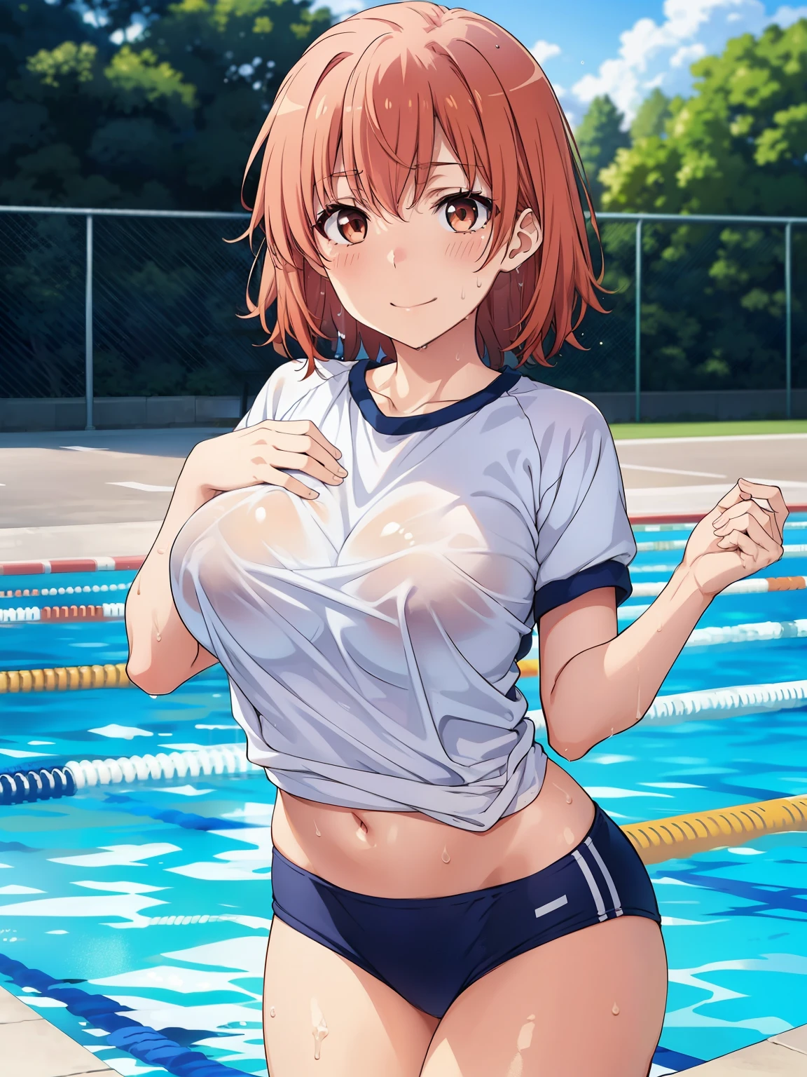 ((Highest quality, High resolution,  Perfect Pixel,  4K)), (1 person),  (Beautiful Anime), 
Watching the audience, 
Perfect body, 

yuigahama yui, (Big Breasts:1.3)、Detailed eyes、Brown eyes、

(blush:1.3)、smile、

wearing navy buruma and gym uniform、

Depth of written boundary、
Focus on the chest、(Sweat:1.3)、Wet clothes、

School swimming pool、Outdoor swimming pool、null、
summer、

belly button、Groin、