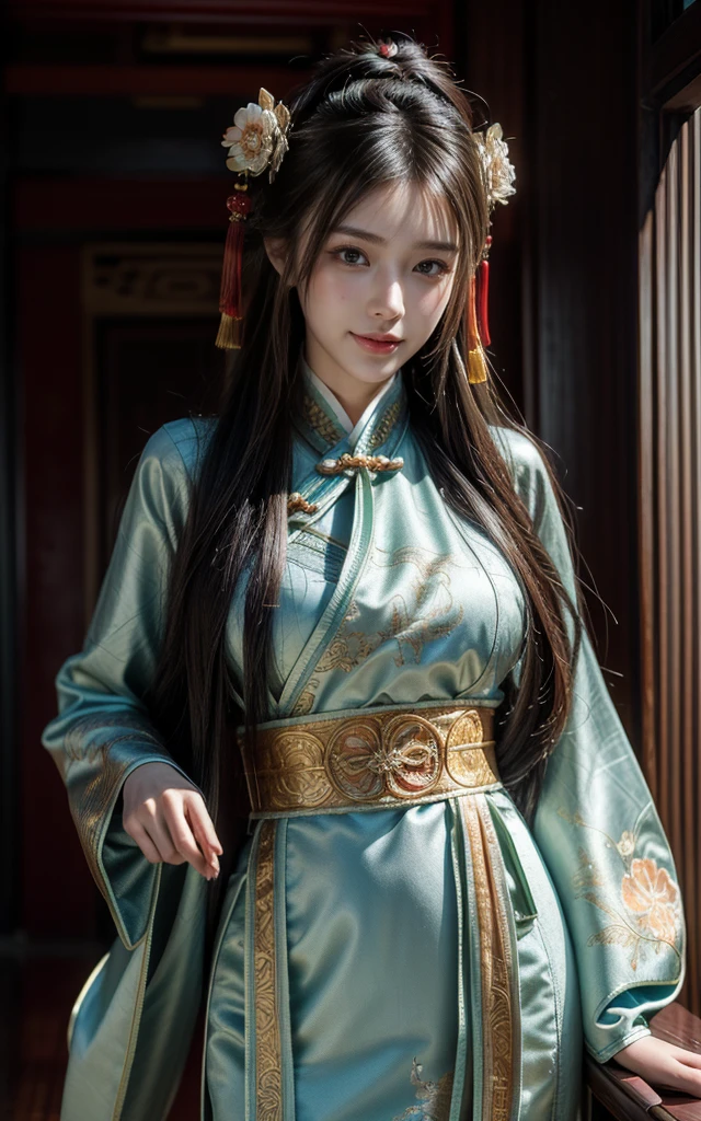 best quality， masterpiece， high resolution，8K，（Realistically：1.4），超high resolution，1 girl，(Super realistic skin maps)， Extremely detailed， Surrealism， Highly detailed CG illustrations， Official Art， Movie Lighting， Practical， Young beautiful girl， Perfect body， Perfect body， Full view， Perfect body，Enjoy expressing，（Start from below：1.3）， Sexy pose， confidence， Beautiful and sexy，Smiling at the camera，daytime，Natural light， (Gorgeous Chinese Hanfu，Exquisite and intricate headdresses and garments，Sexy lips， Half-length photo ，(Chinese ancient architecture background)