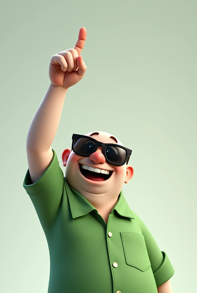 A PIXAR style white man, green shirt, dark sunglasses left hands pointing upwards high quality.