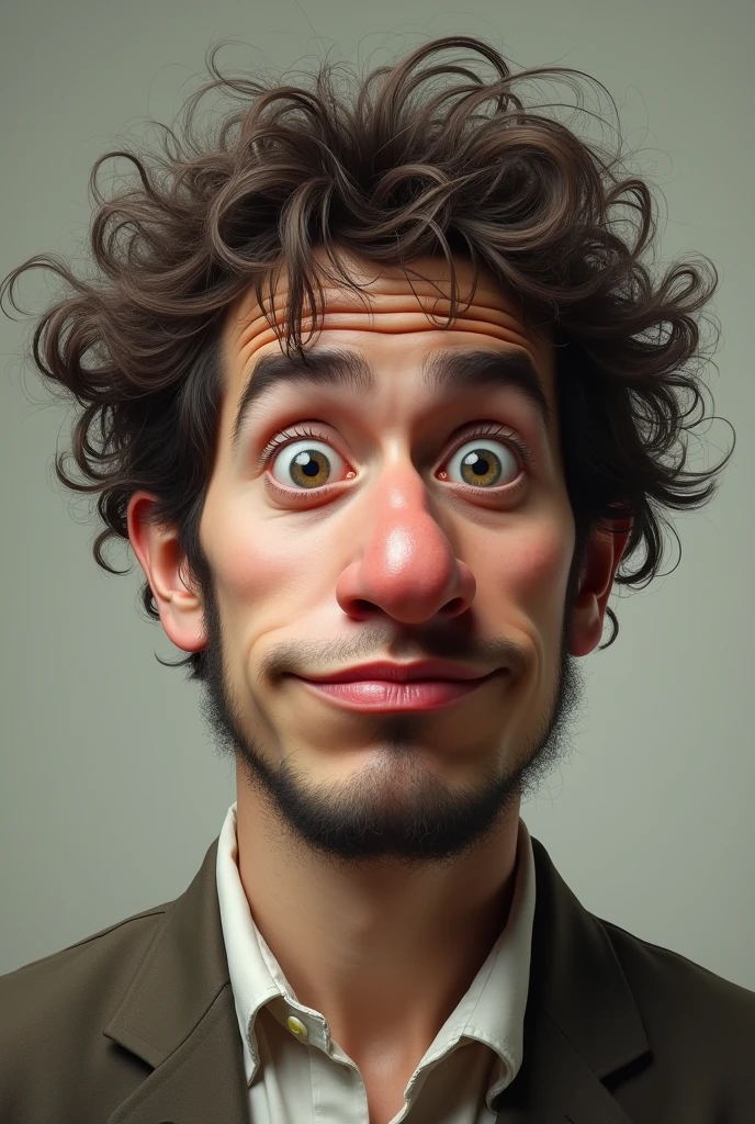 Create a man with wavy hair, a very large nose, and a very large, thick pout.