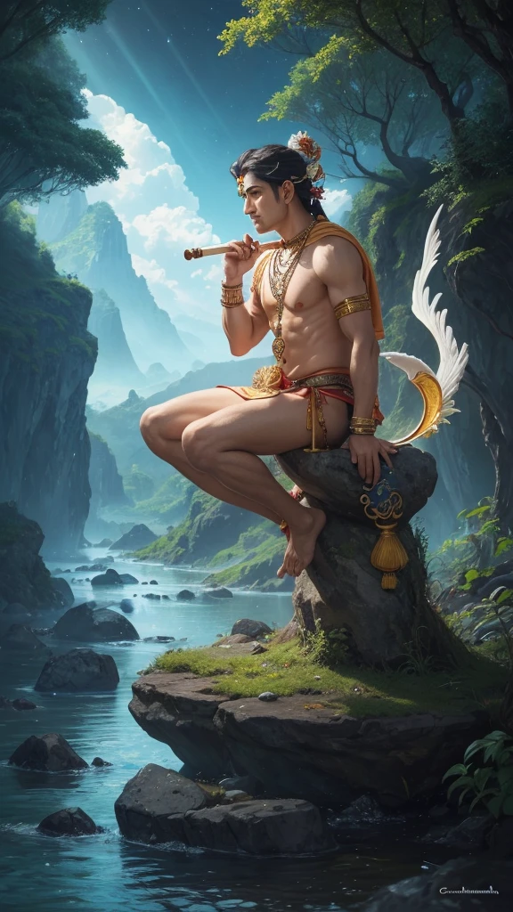 a painting of a man sitting on a rock with a flute, the god of music, puṣkaracūḍa, lokah samastah sukhino bhavantu, god of nature, hindu aesthetic, the creator of earth, by Ram Chandra Shukla, the creator of the universe, divine being, god of dreams, divine god