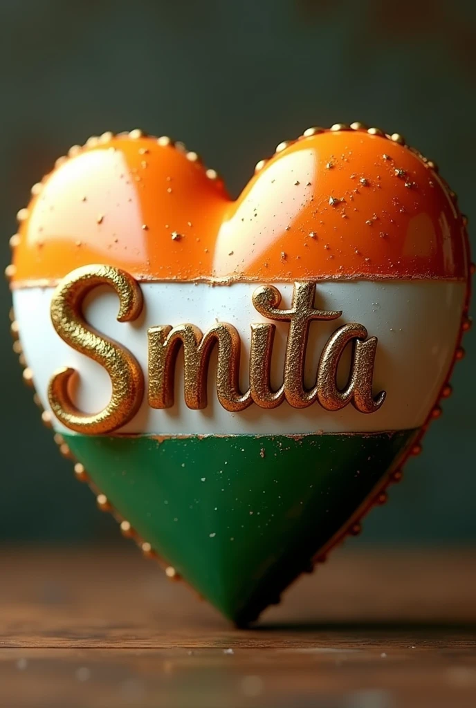 The name Smita engrossed in gold labe on a 3d tricolour heart