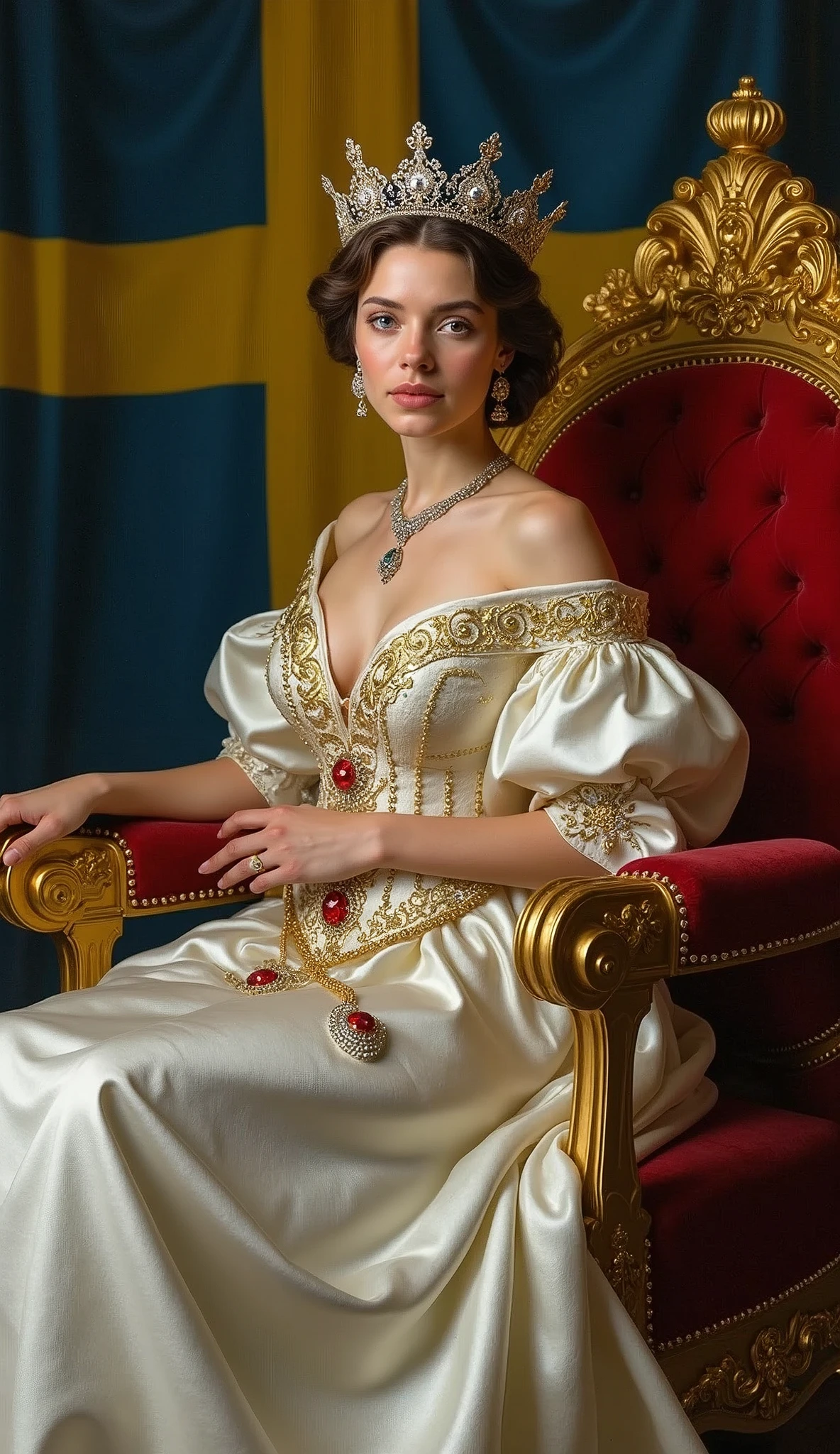 The young and beautiful Queen of Sweden。whole body。Sit on a throne、Wearing the crown、Holding a scepter and a jewel。Swedish flag background
