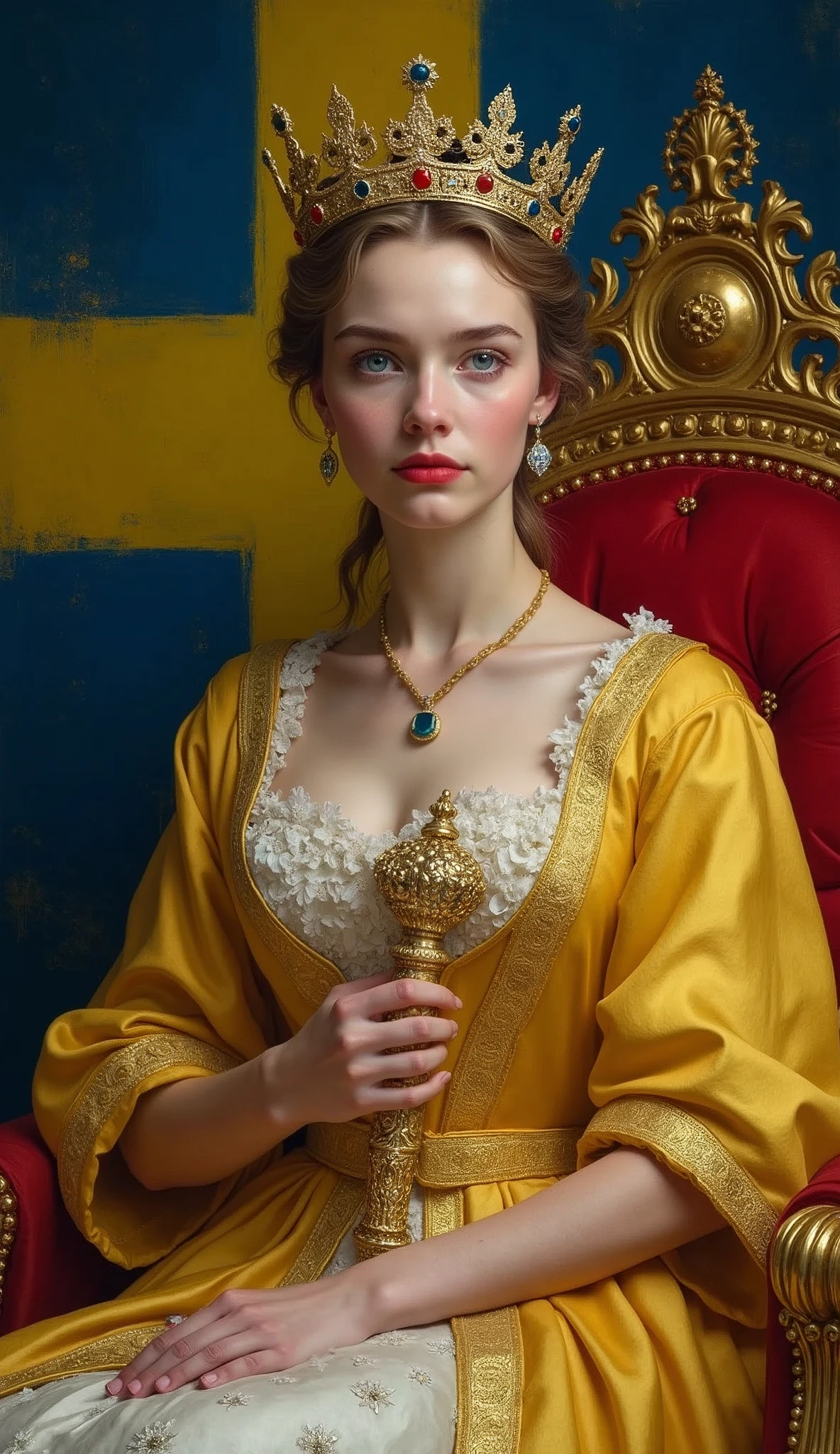 The young and beautiful Queen of Sweden。whole body。Sit on a throne、Wearing the crown、Holding a scepter and a jewel。Swedish flag background