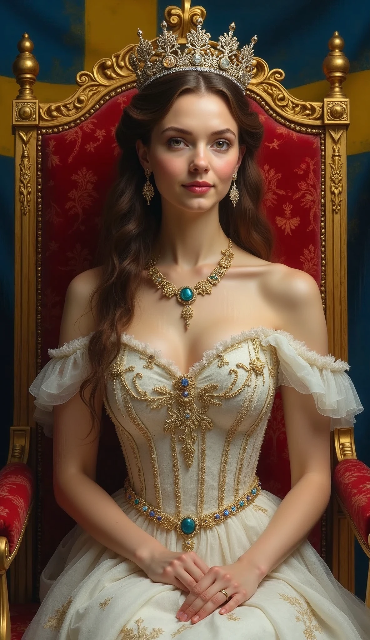 The young and very beautiful Queen Victoria of the British Empire, Formal wear, Sitting on the throne