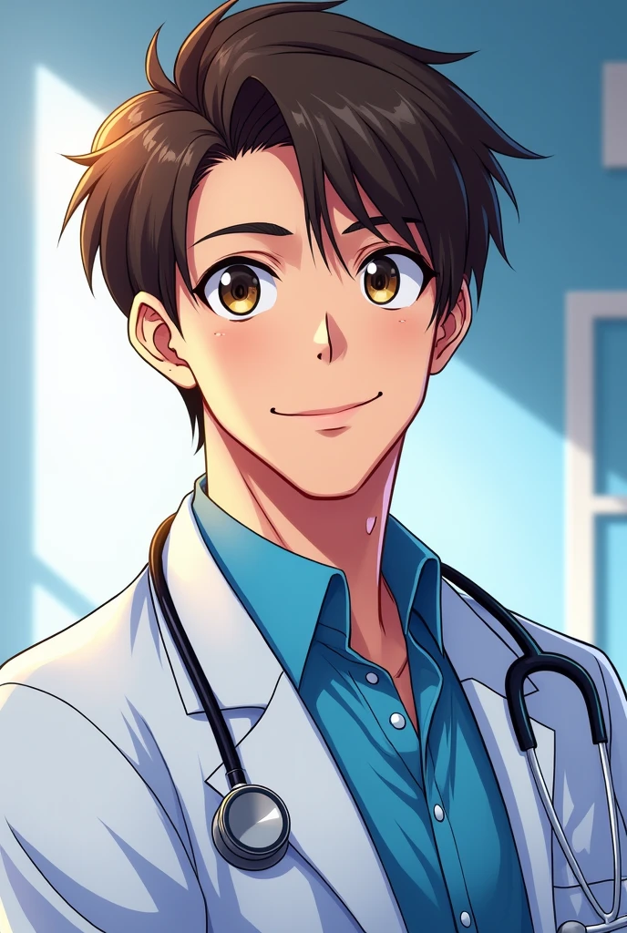Make me a cover of a YOUNG HANDSOME DOCTOR MAN, WITH BROWN HAIR, ALL THAT IN ANIME VERSION