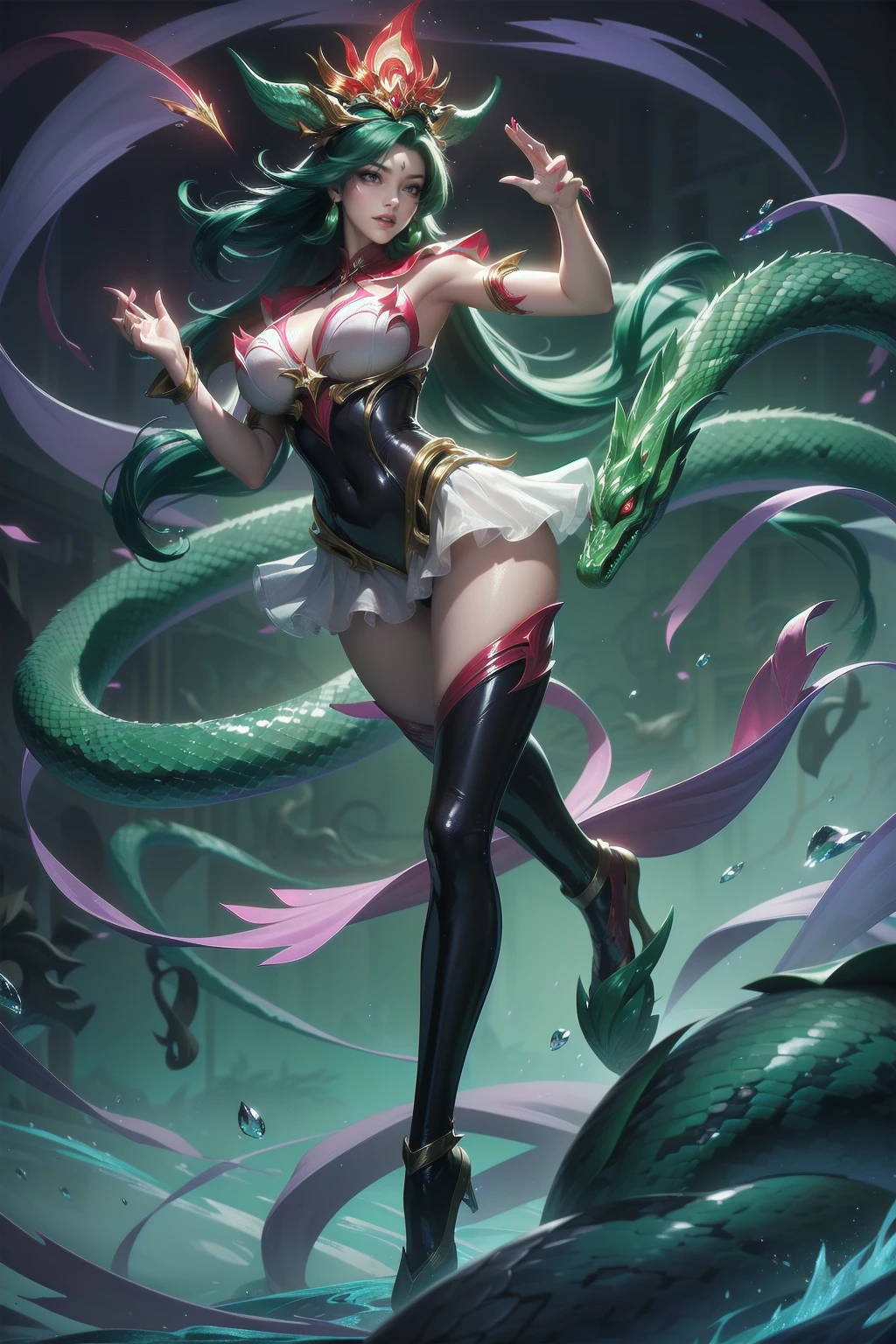 One young and beautiful woman,(Highest quality,Extremely detailed depiction,Incredible high resolution,Anatomically accurate depiction,Curvy Legs),(Glowing Skin,Glowing Skin,Porcelain-like skin),(Snake-themed monster:1.5,Shiny latex,A member of an evil organization,),eyelash,Sweat,(Red eyes,Vertically drawn pupils,Large Breasts,Captivating smile,Glossy green lips,Flashy makeup,Seductive gestures),whole body,
