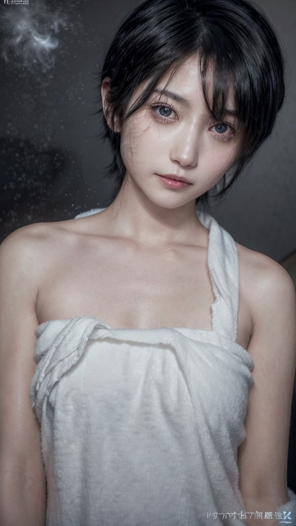 masterpiece、Highest quality、in 8K、((black eye:1.3,Black Hair:1.3)),(Photorealistic: 1.4)、(Depth of written boundary:1.2)、Ultra-detailed、High resolution、In detail、solo、(1 Female:1.2)、(Realistic Skin:1.2)、Beautiful woman、Perfect figure、Highly detailed eyes and face、Very detailed and beautiful eyes、Laughter:1.3、(Cover yourself with a large, thin white towel、Strapless:1.2)、(Geyser, hot spring:1.2)、(hot springに腰まで浸かっている:1.3),Nighttime hot springs,Starry Sky,Narrow waist、