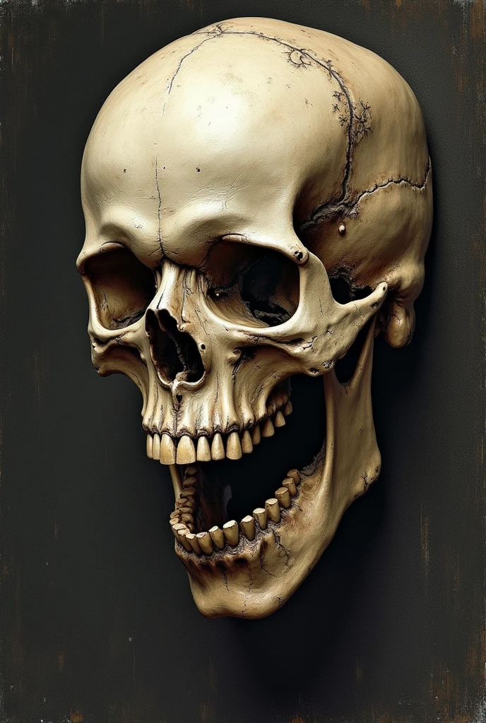 A skull inspired by Dürer's work, with extremely detailed and despairing expression.
with the brand name "Blasphemy"