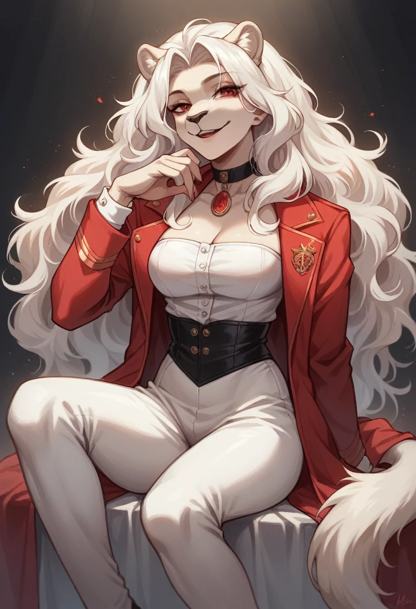 a realistic portrait of a young woman with white long wavy hair and fair complexion sitting like a gangster on top of a love chair, with a white lion beside her. The character must wear a red mafia outfit. The background of the character is angels wing with a name KATRINA on the back ground. the background color is black and red.