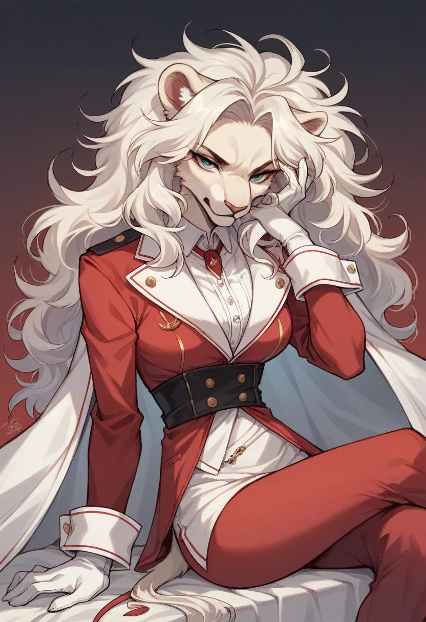 a realistic portrait of a young woman with white long wavy hair and fair complexion sitting like a gangster on top of a love chair, with a white lion beside her. The character must wear a red mafia outfit. The background of the character is angels wing with a name KATRINA on the back ground. the background color is black and red.