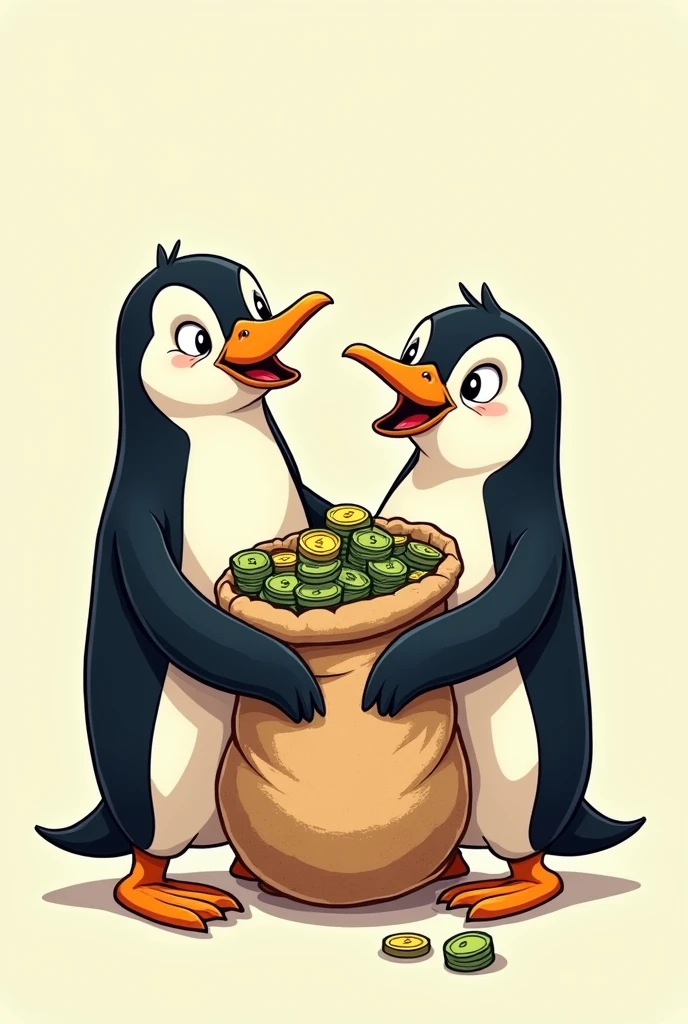 Two cartoon penguins holding a bag of money and smiling