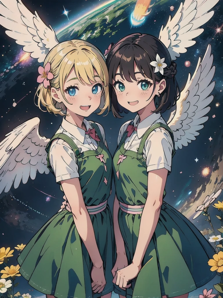 Highest quality, Pastel drawing, Friendly atmosphere, Twin girl angels, cute, White Wings, Laughing happily, Brown short hair in various colors, Blue Eyed Person, Green-eyed person, Dresses in different colors, Flower Hair Ornaments, Upper Body, Looking at the audience, space, meteor, Light,