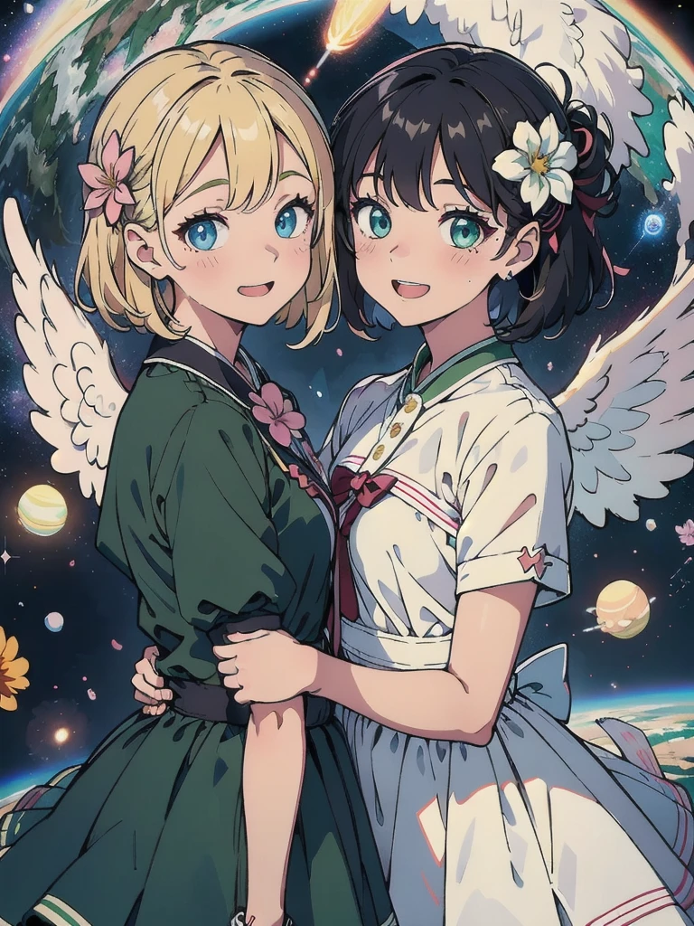 Highest quality, Pastel drawing, Friendly atmosphere, Twin girl angels, cute, White Wings, Laughing happily, Brown short hair in various colors, Blue Eyed Person, Green-eyed person, Dresses in different colors, Flower Hair Ornaments, Upper Body, Looking at the audience, space, meteor, Light,