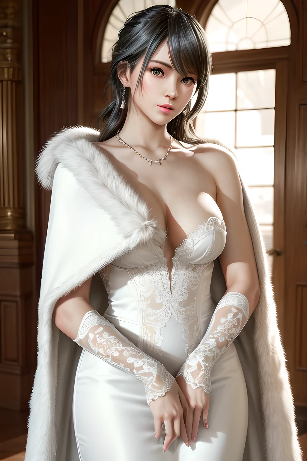 A lady with extraordinary temperament, she stands in a modern indoor space, as if she is a model from a fashion magazine. She is wearing a (pure white long fur cape), the softness and luster of which makes her look more noble under the light, and complements her (beige dress) underneath, showing her gentle temperament while maintaining a sense of fashion. The style of the dress is simple and generous, a perfect match, and it lengthens her figure, making her tall and charming. The lady's makeup is delicate and elegant, which just highlights her facial features and makes people unforgettable at first sight. Although the earrings and necklace she wears are not ostentatious, they add a bit of sophistication and nobility to her overall look. Her hair is casually draped over her shoulders, and every strand of hair exudes a natural luster,, (best quality,8k,highres,masterpiece:1.2),ultra-detailed,(realistic,photorealistic,photo-realistic:1.37),studio lighting,ultra-fine painting,sharp focus,physically-based rendering,extreme detail description,professional,vivid colors