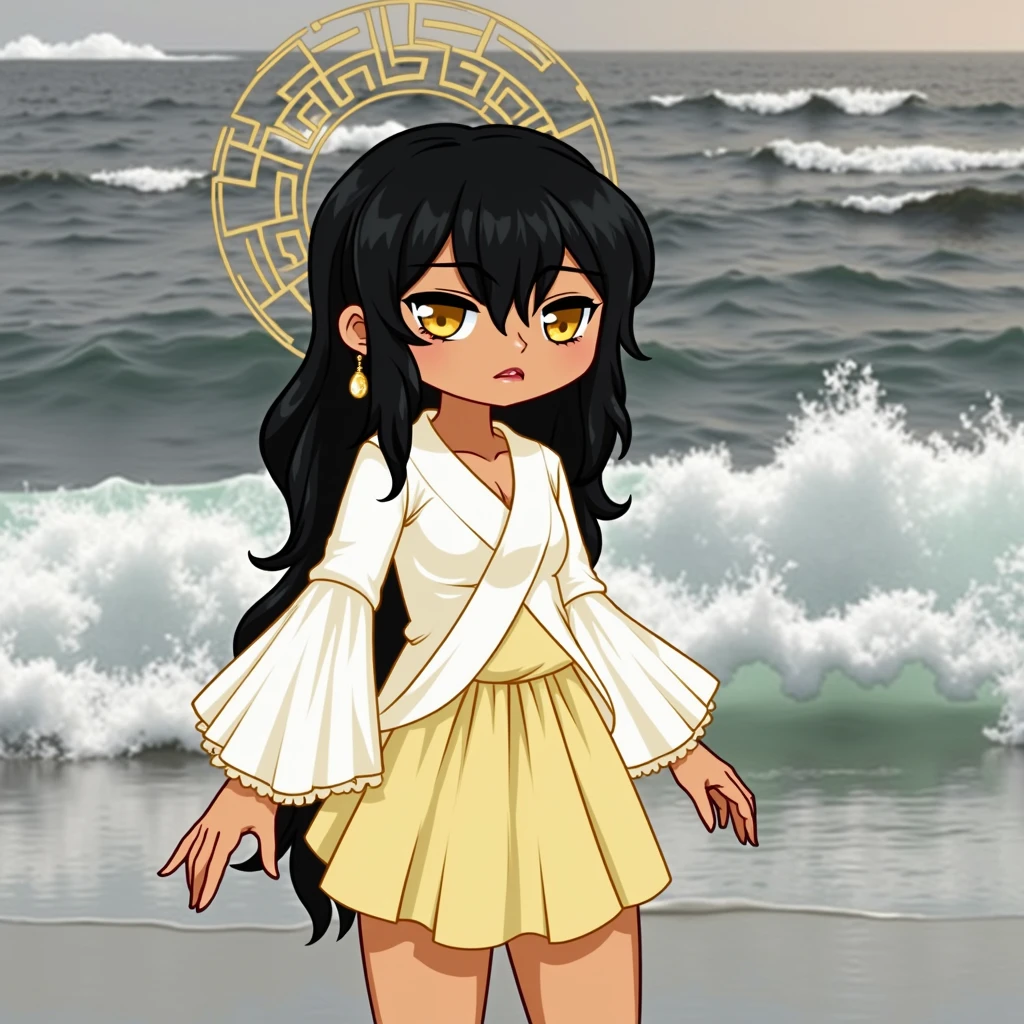 A woman with golden eyes, black hair, and dark skin.