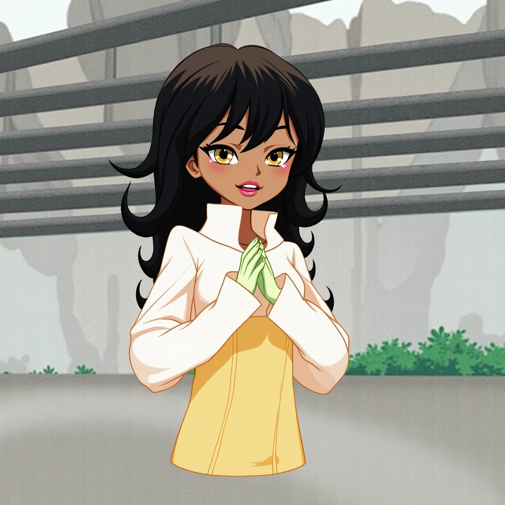 A woman with golden eyes, black hair, and dark skin.