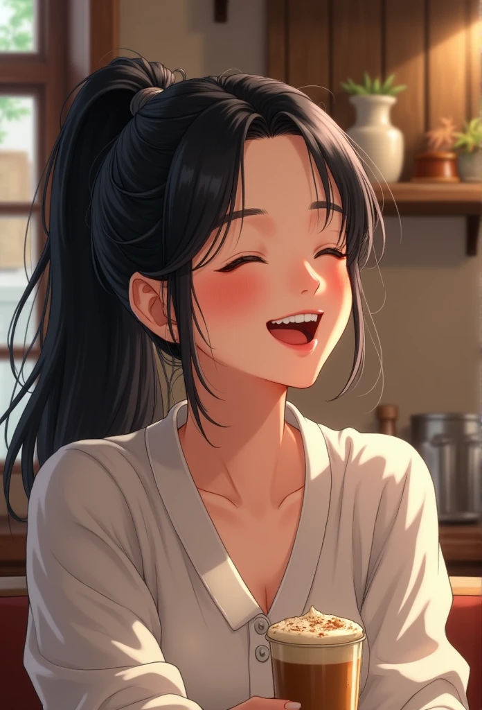fille, black har, Elder sister, attachez vos cheveux en queue de cheval et riez dans le haut-parleur, high quality image, centerpiece, Belle fille, café,