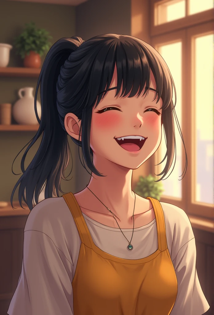 fille, black har, Elder sister, attachez vos cheveux en queue de cheval et riez dans le haut-parleur, high quality image, centerpiece, Belle fille, café,