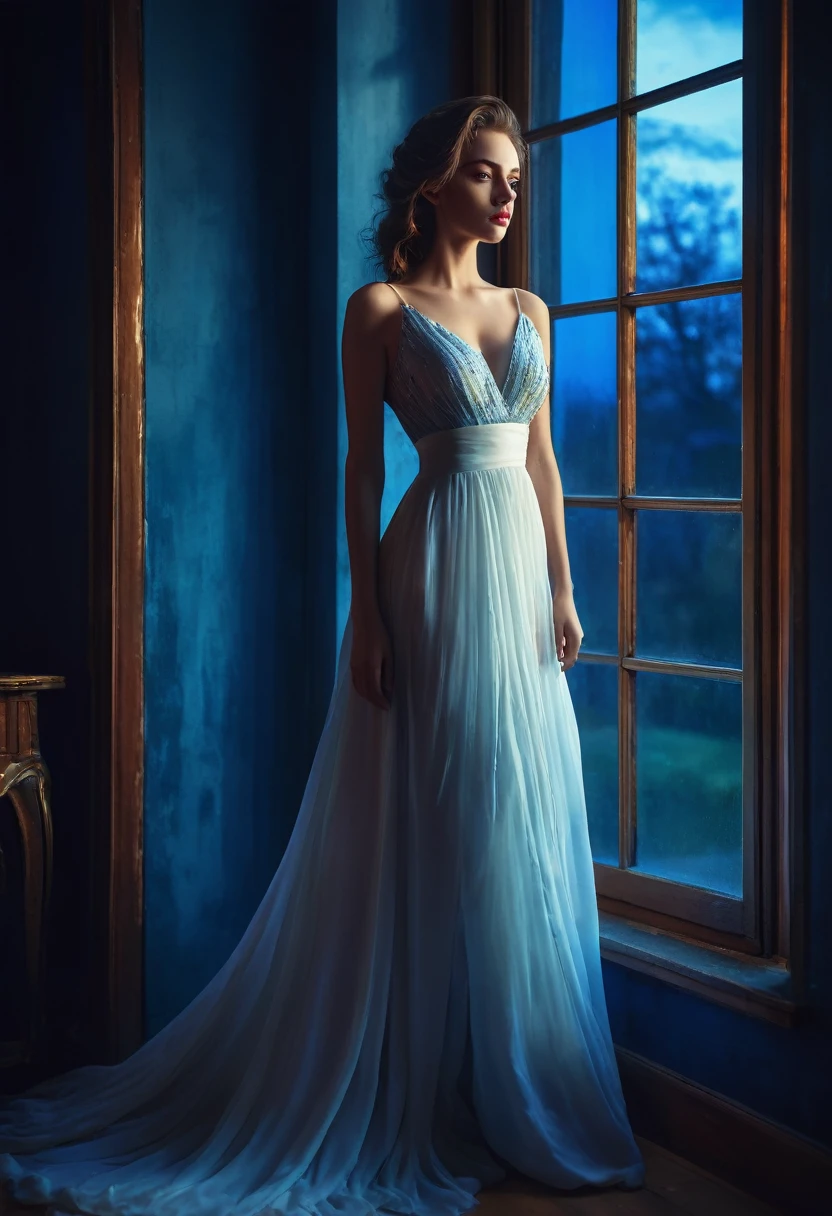 arafed woman in a dress standing in front of a window, a picture by Marie Bashkirtseff, shutterstock, romanticism, half-turned lady in evening gown, flowing gown, wearing a flowing dress, mysterious woman, haunting beautiful young woman, wearing a white flowing dress, flowing dress, woman in dress, extremely moody blue lighting, miss aniela