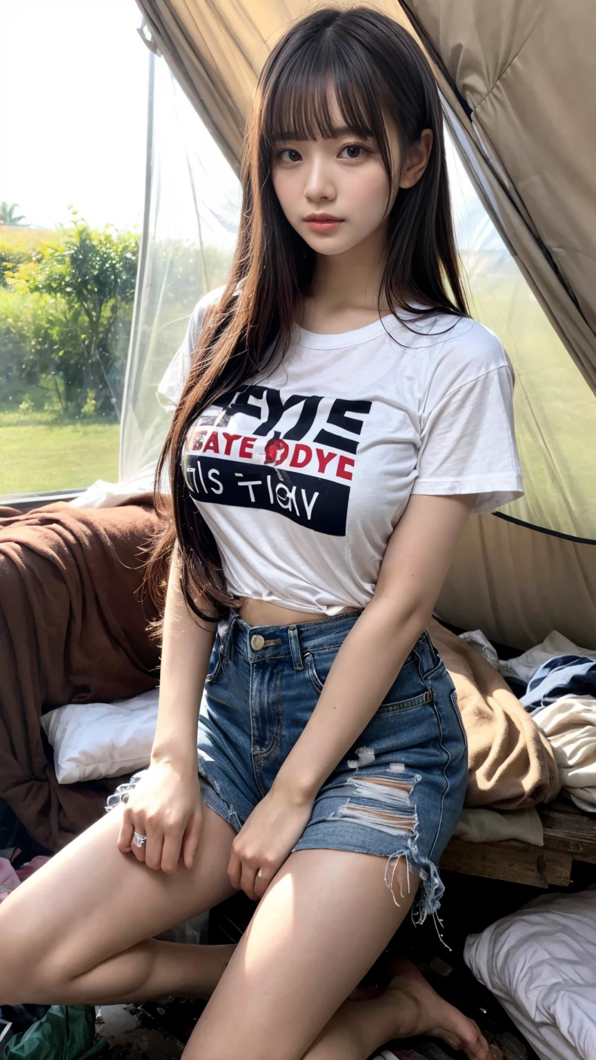Beautiful 18 year old brunette girl wearing big earrings and a t-shirt and high waisted denim shorts with a belt and a belly button piercing