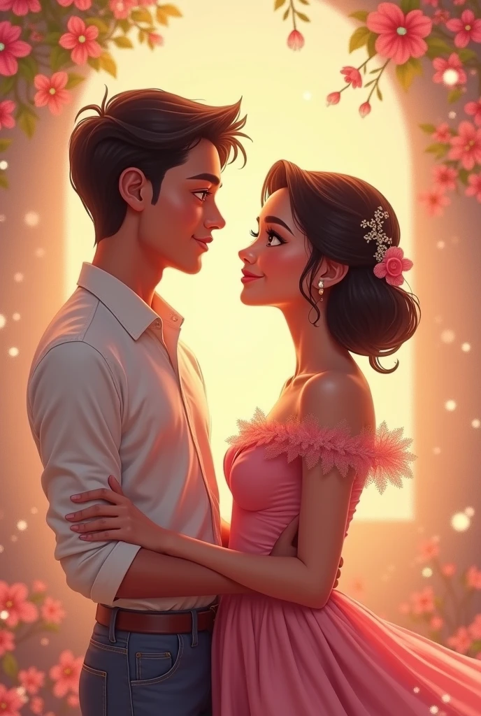 Make a poster for the Disney movie "Sweet Dreams" with a picture of a couple in love. Those who reflect on each other because of love across distance, they both wear the same clothes, the woman's name is Anggita and the man's name is Aurel