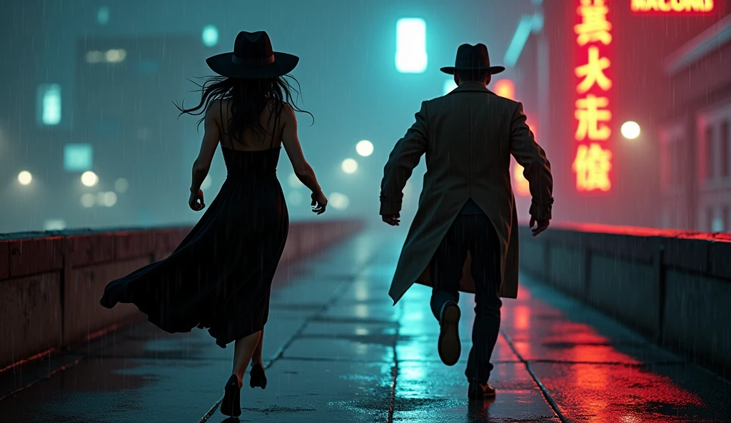 Film Noir Art Style: The femme fatale Evelyn is mid-sprint across the rooftop, her dress clinging to her form, wide-brimmed hat casting mysterious shadows over her face. Detective John is in full pursuit, trench coat billowing as he chases her, fedora tilted, obscuring his sharp blue eyes. The rain intensifies, droplets bouncing off surfaces, while the city's neon glow paints the scene with vibrant yet moody hues. The distance between them narrows, tension palpable in the air.