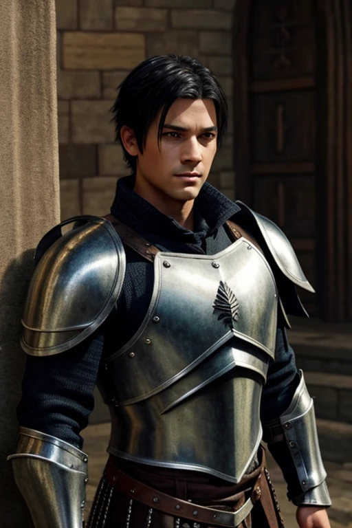 Create a man with black hair, wearing medieval armor with chainmail underneath and a silver sword sheathed on his back, His face is white, Short black hair, side part hairstyle, green eyes