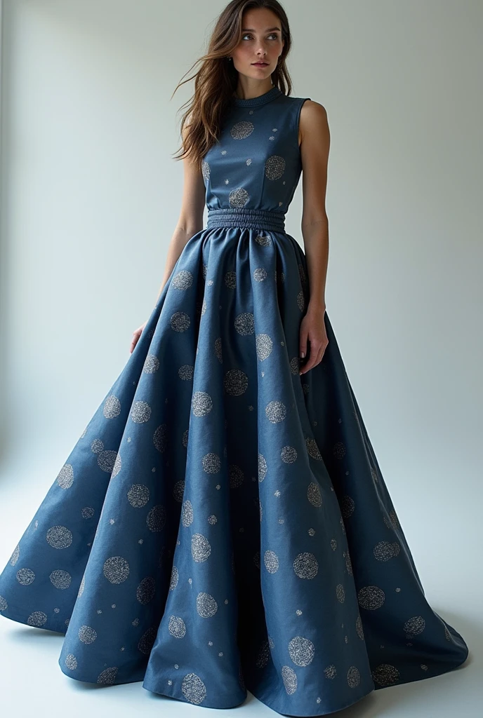 A dress with a cinched waist, with flared skirt, but made of contemporary materials like neoprene or technical fabric with a subtle shine. The dress can have a classic print, like polka dots or small flowers, but in modern colors, like metallic gray or petroleum blue.