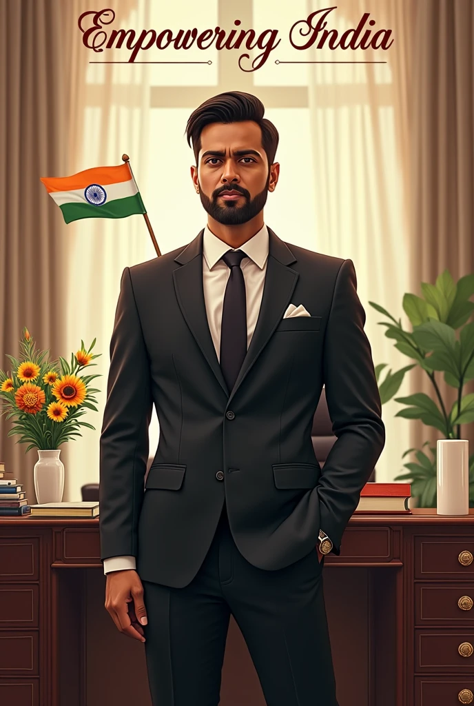 “Illustration of a professional Indian man in an office standing, wearing a smart black white suit with a touch of the Indian flag colors in her accessories. he’s holding a small Indian flag and seat in front of a desk with a festive Independence Day decoration, The text ‘Empowering India GIRRAJ CHAUHAN’ is displayed in elegant script at the top.”
