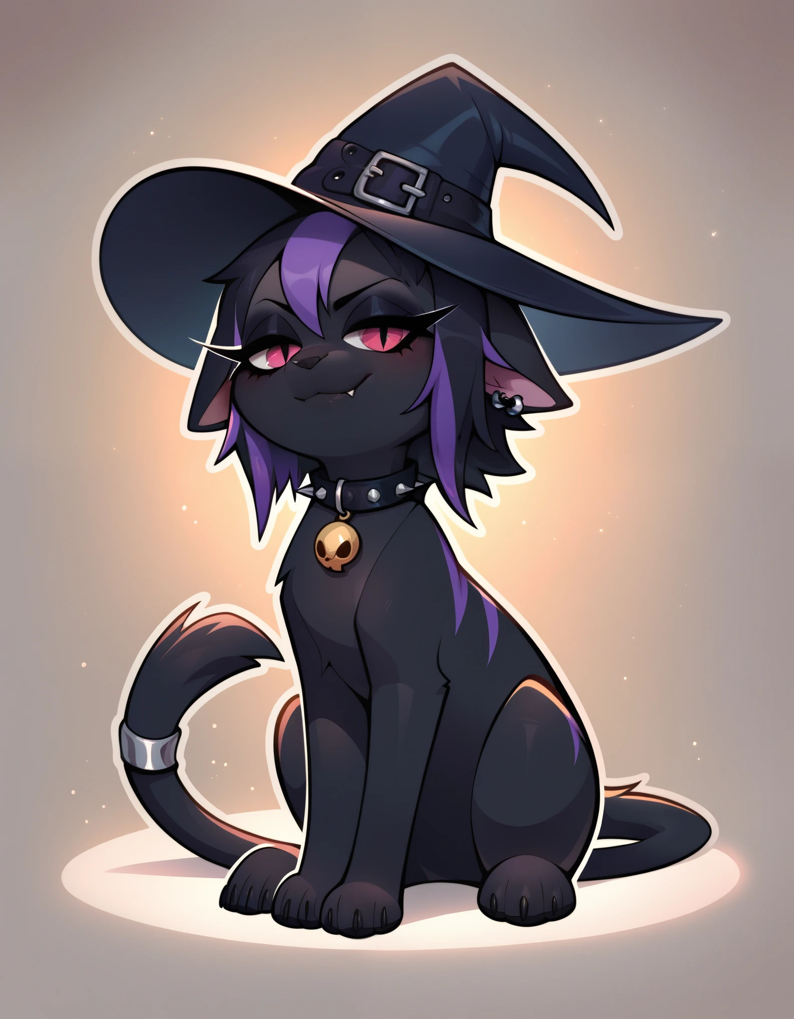 (score_9, score_8_up), score_7_up, score_6_up, best quality, highest quality, (feral), Goth girl, cat, furry, anthro, sitting, solo, official style, (witch hat), animal, (body fur), (black body, black skin, black fur), eyelashes, eyeliner, (black hair, purple hair, streaked hair), (messy hair, wild hair), animal ears, slit pupils, expressive eyes, beautiful eyes, smirk, fang, purple stripes, thin tail, tail ring, punk, piercings, collar, stockings, paws, uncensored, detailed background, jizoku