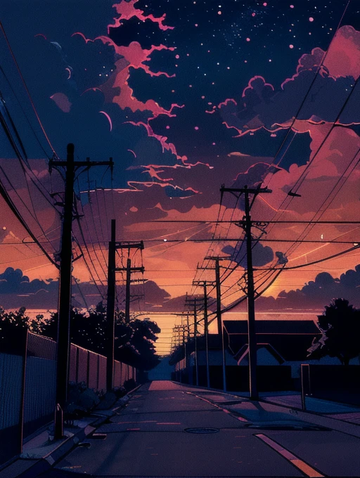 Retro_neon, cloud, null, No humans, scenery, Outdoor, Power lines, sunset, star (null)