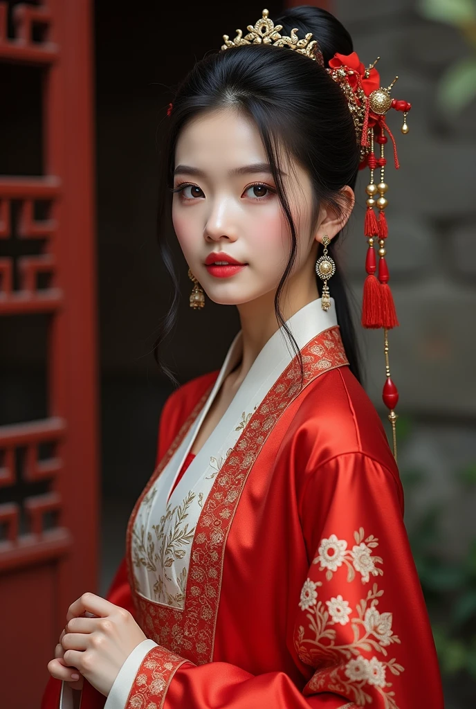 最high quality, masterpiece, High resolution, One person, Chinese Hanfu,Chinese Architect Background, Red scarf, hair ornaments,necklace, jewelry,Beautiful Face,On top of that_body, Tyndall effect,Realistic, Dark studio, Rim Light, Two-tone lighting,(Skin with attention to detail:1.2), 8k uhd, Digital SLR, Soft lighting, high quality, Volumetric lighting, Frank, photograph, High resolution, 4K, 8k, Bokeh,Girl in a red dress