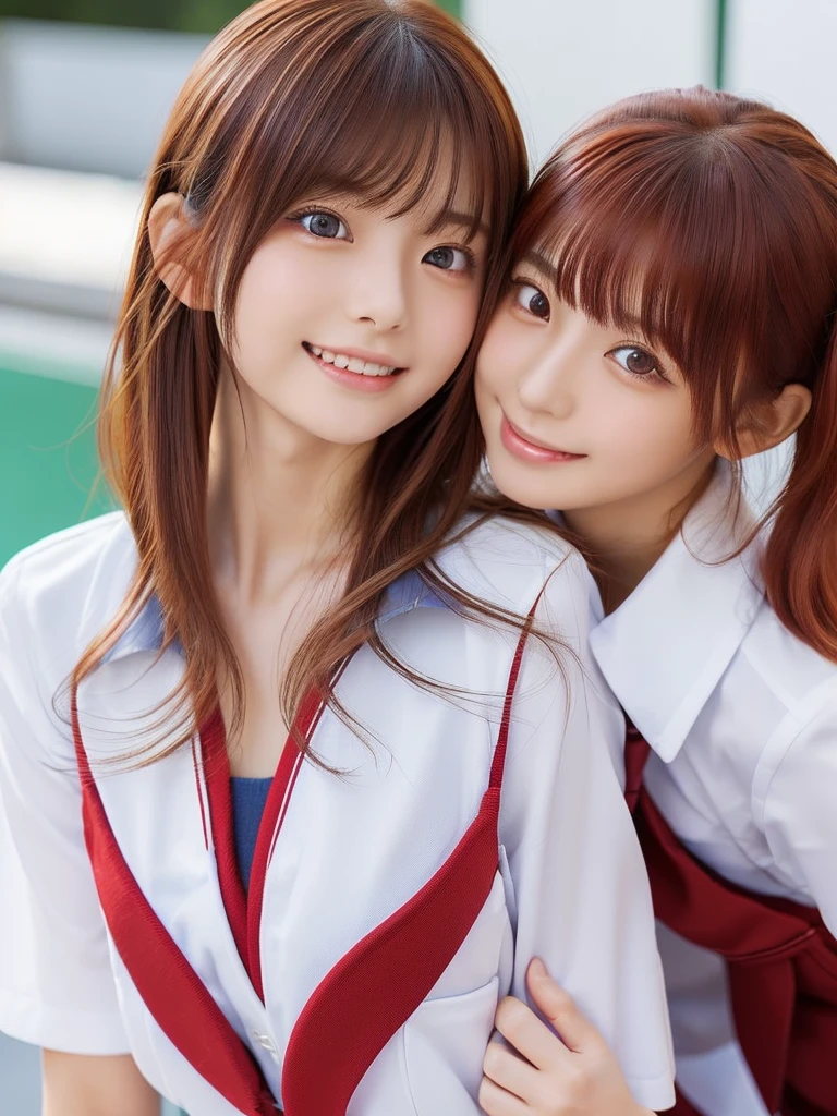 (2 beautiful japanese girls in bright lighting, facelight, photorealistic, adult, cute, sexy, slim, very beautiful detailed eyes, half-lidded eyes, extremely detailed face, (very short fluffy hair:1.0), (red hair color:1.2), clear eyes, (ecstasy, orgasm, erotic:1.2), close-up of face, smiling, (school uniform:1.5))