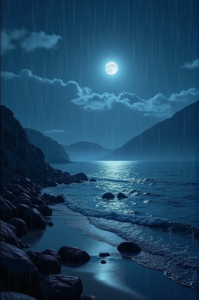 “Add a gentle rain to a photorealistic nighttime seascape with a calm ocean, rocky shoreline, and distant mountains. The rain should appear as a light drizzle, with visible raindrops hitting the water surface, creating small ripples and a slightly misty atmosphere. The sky should remain mostly clear with a few scattered clouds, and the moonlight should subtly reflect off the wet surfaces, enhancing the serene and tranquil mood of the scene.”