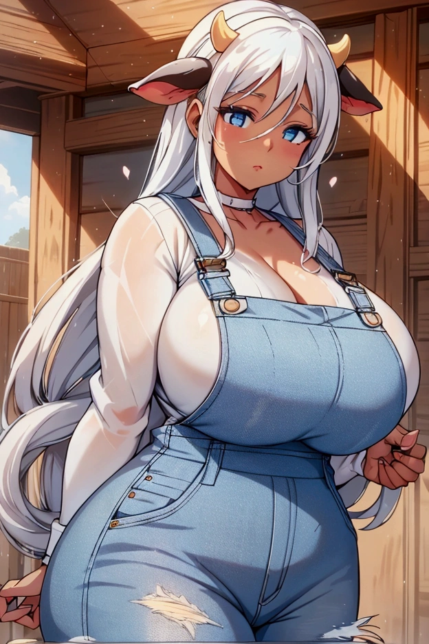 cow girl, very long white hair, denim, (blue overalls), overalls, curvy, busty,, thicc, white sweater, dark skin 